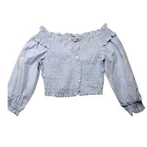 Zara‎ Womens Light Blue Smocked Ruffle Off Shoulder Crop Top XS Long Puff Sleeve